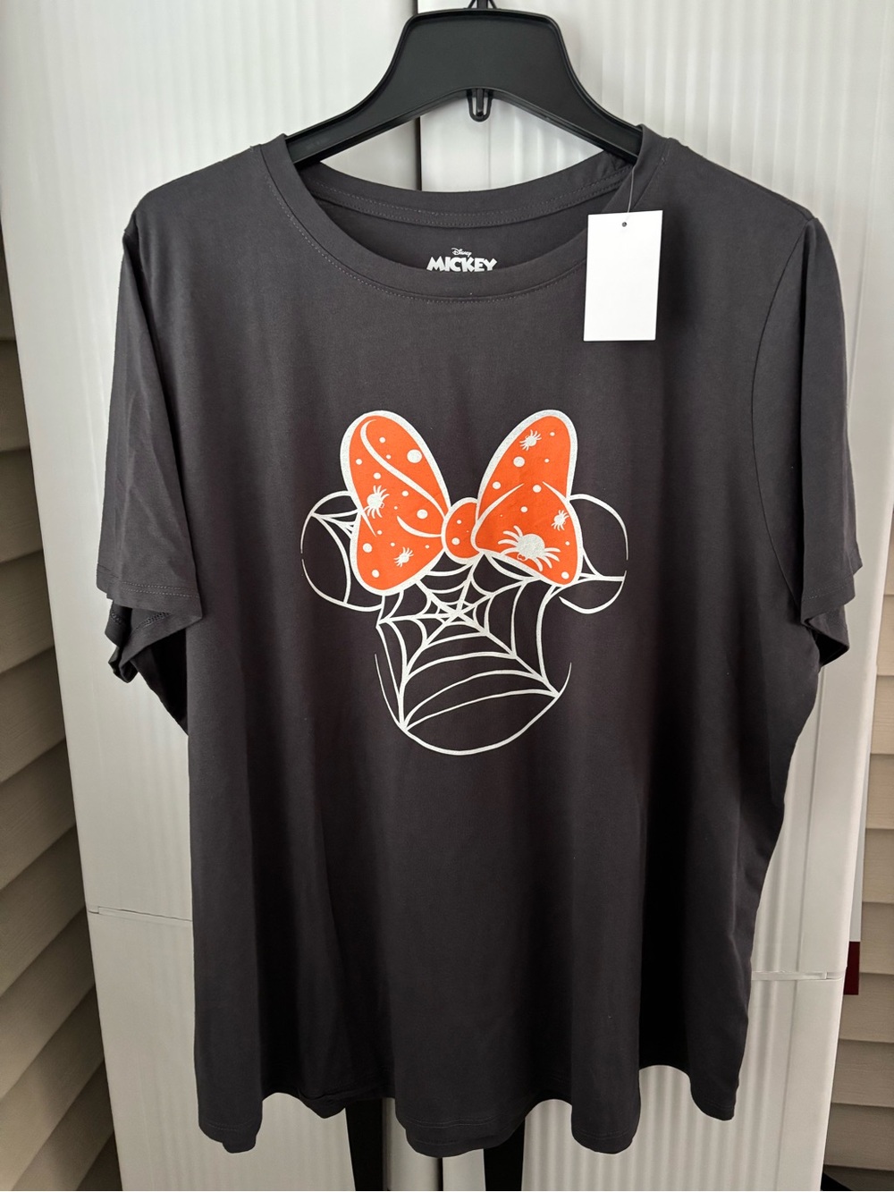 Disney charcoal gray Tee with Orange Minnie Bow and Spiderweb Graphic